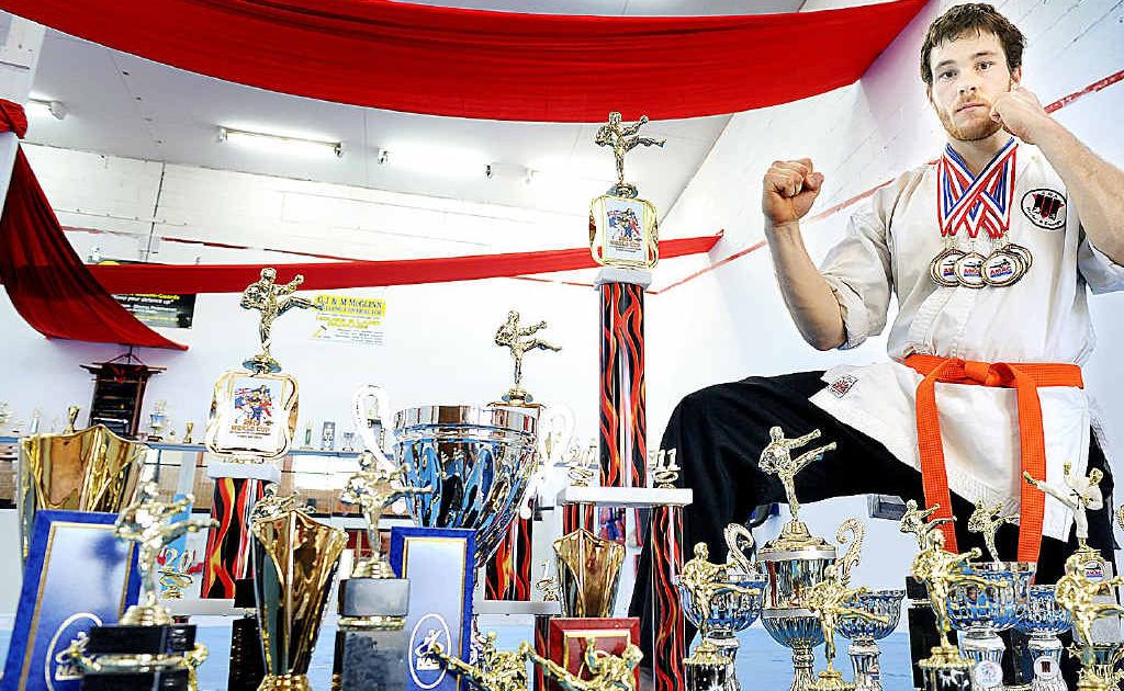 Hervey Bay’s world, Australian and Queensland champion Jesse Wright with the haul of trophies he has won in the past year, his first on the national and international martial arts circuits. Hervey Bay’s world, Australian and Queensland champion Jesse Wright with the haul of trophies he has won in the past year, his first on the national and international martial arts circuits.